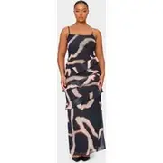 Plus Monochrome Printed Mesh Ruffle Maxi Dress, Monochrome