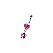 Jeweled Heart with Dangling Flower Belly Ring