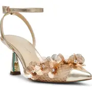 Betsey Johnson Carli Ankle Strap Pointed Cap Toe Pump in Gold at Nordstrom, Size 5