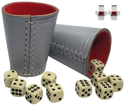 (10) 16mm Bone Tone Dice + (2) Genuine Leather Compact Dice Cups Grey Red Boxed