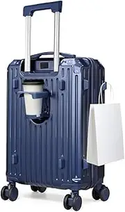 [Tabibito] 26" Carry On Luggage with Spinner Wheel, Lightweight PC+ABS Durable Suitcase with USB Charging Port & Cup Holder & Side Hook, Navy