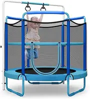 HONEY JOY 60"/5FT Trampoline for Kids, 3-in-1 Heavy Duty Mini Trampoline w/Ring and Horizontal Bar, Adjustable Height, Enclosure Net, Outdoor Indoor Recreational Trampoline for 3+ Years