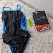 Speedo Women's Solid Pro LT Race Drop Back One Piece Blue Black Sz 30 NWT
