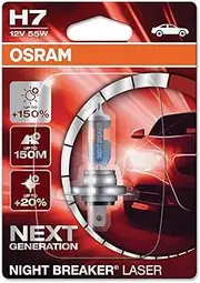 OSRAM 64210NL-01B NIGHT BREAKER LASER H7, next generation, +150% more brightness, halogen headlamp, 64210NL-01B, 12V, passenger car, single blister (1 lamp)