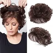 7" Short Curly Real Human Hair Topper with Front Bangs for Women Breathable Wiglets Hairpieces 5.1x5.5" Large Coverage Wavy Crown Topper Wigs Clip in on Top Hair Piece Toupee for Women(Dark Brown)