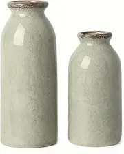 VICTOR & TERESA Green Ceramic Farmhouse Vases for Flowers, Oval Shaped, Set of 2, 7.9" H x 3.1" L x 3.1" W