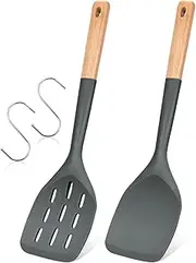 Pack of 2 Silicone Spatula, Non Stick Cooking Utensil Set Wooden Handle Kitchen Turner for Baking Mixing Grilling Serving Food Heat Resistant Non Scratch Hooks Included (Grey)