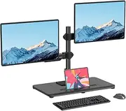 Pholiten Dual Monitor Stand with Wooden Base, Gas Spring Height Adjustable Arms, Each Holds 32 Inch Screen up to 22lbs, VESA Mount 75x75/100x100mm, Tilt/Swivel/Rotate - Ergonomic Desk Mount