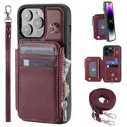 009 Kickstand Phone Case for iPhone 15 Pro Max Zipper Wallet Phone Cover PU+TPU Case with Straps