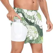 [GuoChe] Mens Swimming Shorts Mens 2In1 Workout Shorts White Green Snakeskin with Compression Liner Beach Board Shorts Quick