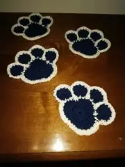 Handmade Crochet Paw Print Coaster - Dark Blue and White - Set of 4