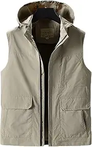 [QtthZZr] Men's Vest Sleeveless Hooded Gilet Outdoor Fishing Travel Jacket Casual Multi-Pocket Utility Vest Quick Dry Gile