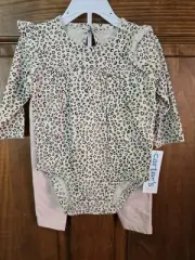 NWT Carter's Girls Size 6 Mo Pink Pants With Leopard Print Snap Closure Top