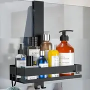 HOTOIQ Shower Caddy Hanging, Stainless Steel Shower Caddy Without Drilling, Rustproof Hanging Shower Basket Holder with 2 Hooks and 4 Suction Cups for Frameless Glass Door(Black)