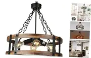 Farmhouse Rustic Wood Chandelier, 4-Light Industrial Drum Chandelier for