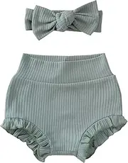 [RUKOSU] Newborn Infant Baby Girls Ruffle Bloomer Shorts Elastic High Waist Bloomers PP Pants with Headband Set