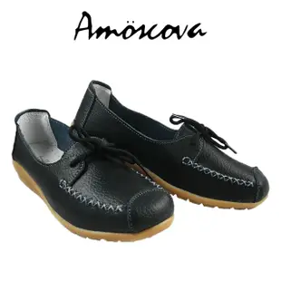 【Amoscova】手工真皮經典綁帶造型平底淑女休閒包鞋8879-黑