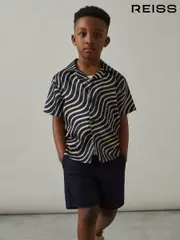 Reiss Navy/Off White Carbello 3-9 yrs Wave-Print Cuban-Collar Shirt (AU4108) | $80
