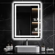 Antok 24"x 32" LED Bathroom Mirror with Lights, Backlit + Front Lit, Anti-Fog, Dimmable, Lighted Bathroom Vanity Mirror with Tempered Glass, Memory Function, 3 Colors, Safe Use (Horizontal/Vertical)