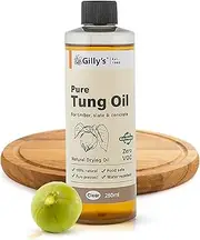 Gilly’s Pure Tung Oil 250ml | Seals & Protects, Food Safe for Non-Toxic Application, Indoor/Outdoor Furniture, Timber, Woodworking & Kitchen Surfaces | Natural, No Additives or Petrochemicals