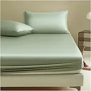 Tencel Satin Fitted Sheet Small Double Queen Super King Silky Bottom Sheet with Elastic Corner Straps Deep Pocket up to 12 Inch(Green,180x200+30cm)