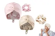 2pcs Silk Sleeping Cap with Hair Band Adjustable Double Layer Hair Bonnet for Wowen-Pink and Champagne