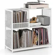 Giantex 3-Tier Record Player Stand Holds up to 300 Albums, Turntable End Table with 3 Removable Dividers & Metal Frame, Vinyl Display Storage Shelf for Living Room (White)