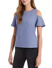 Vince Camuto L11533 Women Blue Cloud Cold-Shoulder Flutter-Sleeve Top Size Small