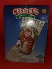 NIP 1990 Purr-Fect Christmas Crosstitch Cat Personalized Stocking Kit 9 X 16