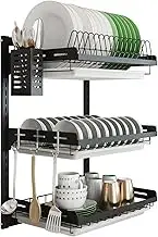 junyuan Hanging Dish Drying Rack Wall Mount,Dish Racks Drainer,3 Tier Kitchen Plate Organizer Storage Shelf with Drain Tray with 3 Hooks,Stainless Steel Black Coating (3 Tier, 21.8)