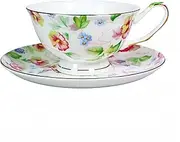 [PMNING] Tea cup and Saucer Set Royal Garden Style Tea Coffee Cup with Saucer 7 Ounces Bone China Teacup and saucer Set (White-Flower)