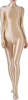 [Hedmy] Women's Oil Shiny Catsuit Full Body Zentai Long Sleeve Zip-Back Stretchy Bodystockings Footed Bodysuit