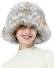 [Rulala Fancy] Women's Winter Faux Fur Bucket Hat Fluffy Warm Ladie's Plush Leopard Printed Fisherman Cap