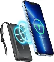 Wireless Power Bank for iPhone, 10000mAh PD 20W Magnetic Portable Charger for MagSafe Battery Pack, with Finger Holder & Fast Charging Compatible for iPhone 15/14/13/12 Series,Mag-Safe Case, Black