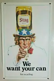 Vintage 1974 Stag Beer Carling Recycling Poster Uncle Sam We Want Your Can 26
