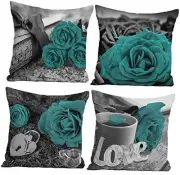 Throw Pillow Covers for Couch 18x18 Set of 4 - Flower Rose Dark Turquoise Teal