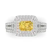 1.7ct Emerald Round Cut Halo Yellow Stone Ring bridal Set 14k 2 tone Gold