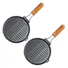 SOGA 2X 24cm Round Ribbed Cast Iron Steak Frying Grill Skillet Pan with Folding