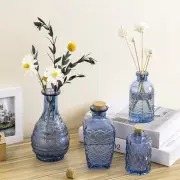 Embossed Apothecary Style Blue Glass Reed Diffuser Bottles w/ Cork Lid, Set of 4