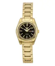 Seiko 5 Gold Tone Stainless Steel Black Dial Day/Date 21 Jewels Automatic SYMK22K1 Ladies Women's Watch