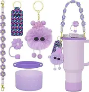 6 PCS Stanley Cup Accessories, Water Bottle Handle Strap for Stanley 30/40 oz Tumbler with Handle, Including Straw Toppers, Silicone Cup Boot, Soot Sprite Keychain Charms - Purple