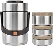 3 Tier Stainless Steel Thermal Lunch Box, 2000ml Vacuum Insulated Insulation Stackable Compartment Lunch Box Leakproof for Work Travel Picnic Outdoor Using (Wood Color)