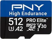 PNY 512GB PRO Elite™ High Endurance C10 U3 V30 A2 microSDXC Flash Memory Card – Up to 100/90MB/s Read/Write, 4K UHD, Full HD, UHS-I, Surveillance, Home Security, Continuous Recording, Dash Cam