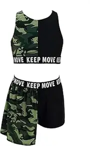 [iiniim] Kids Girls Sleeveless Sleeveless Racerback Tank Top with Stretchy Shorts Skirt 2PCS Camouflage Print Tracksuits
