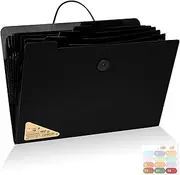 SAYEEC Expanding File Folder, 13 Pockets Accordion File Organizer with 12 Labels, Expandable Plastic Filing Folders, Letter A4 Portable Document Paper Organizer for School Office Home (Black)