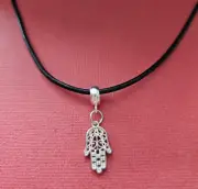 Sterling Silver Hamsa Necklace Leather Cord Solid 925 Hand Charm Pendant