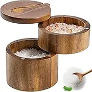 Salt Box with Swivel Lid & Spoon Double-Layer Wooden Salt Box with Lid Compact Stylish Salt Cella with Magnetic Rotating Lid for Spices & Seasonings Wooden Salt Box with Lid Salt Container Salt Cella