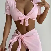 Set: Halter-Neck Bikini + Wrap Swim Skirt + Short-Sleeve Cover Up 6314 - Bikini & Skirt & Cover Up - Pink - L