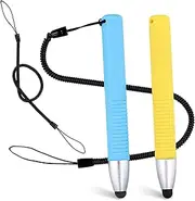 2pcs CAPACITIVE STYLUS Pens for Touch Screens, with Spring Cord - Children's Tablet Stylus for Smartphones and Tablets (Blue, Yellow)