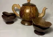 Coconut Shell Tea Pot 5 Tea cups Set Of 6 Natural Handmade New